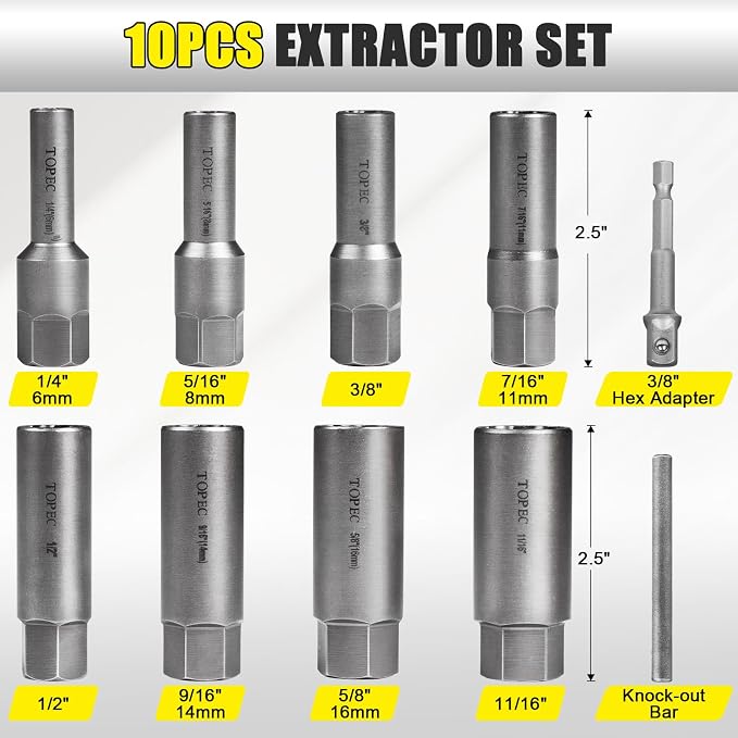 Topec 10-Piece Spiral Type Deep Bolt Extractor Set, Spark Plug Extraction Socket Set, Stripped Lug Nut Remover for Removing Broken, Damaged, Frozen, Rusted, or Rounded-Off Bolts, Nuts, Screws, Studs