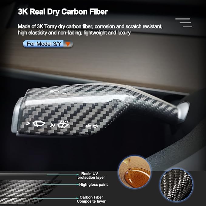 Carbar Column Gear Shift Cover for Tesla Model Y Model 3 Real Carbon Fiber Steering Wheel Lever Cover Model 3 Gear Lever Decoration Accessories (2Pcs Glossy Carbon Fiber)