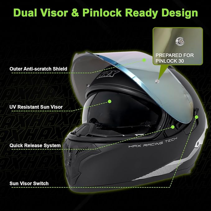 HAX Obsidian Dual Visor Full Face Motorcycle Helmet DOT/ECE 22.06 Approved, Pinlock & Bluetooth Ready, Aerodynamic Spoiler for Powersports Street Bike Racing, Unisex Adult (Matte Black Silver, L)