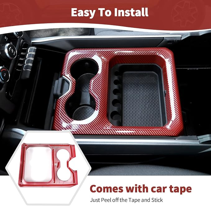 RT-TCZ for RAM Center Console Cup Holder Storage Box Trim Cover Frame for Dodge RAM 2018-2023 Red Carbon Fiber Interior Accessories