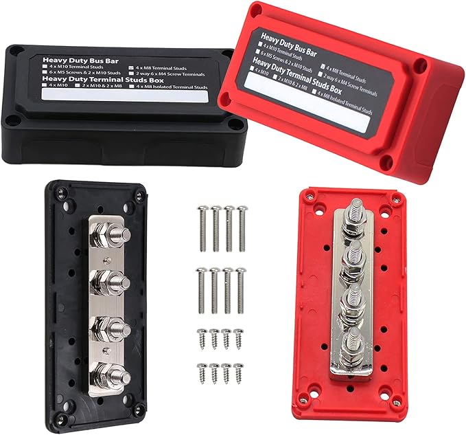 300A Bus Bar 12V Heavy Duty Module Design Power Distribution Block Waterproof Bus bar Box with 4X M8(5/16") Terminal Studs for Battery Marine Automotive RV Car Truck (Black & Red)
