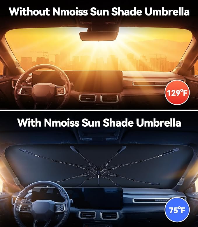 [2026 Upgraded] Nmoiss Windshield Sun Shade Umbrella for Mustang - [Vinyl Coating Heat Shield] Protect Car from Sun Rays & Heat Damage Keep Cool and Protect Interior, Spring Structure Edge