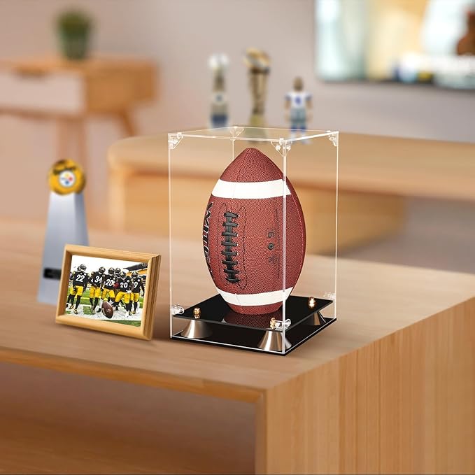 KOLIPI Football Display Case Full Size, Clear Acrylic Box with Double Layer Base Display Stand for Football Fans & Collectors, Sports Collectibles, Assembly Required, Black Base