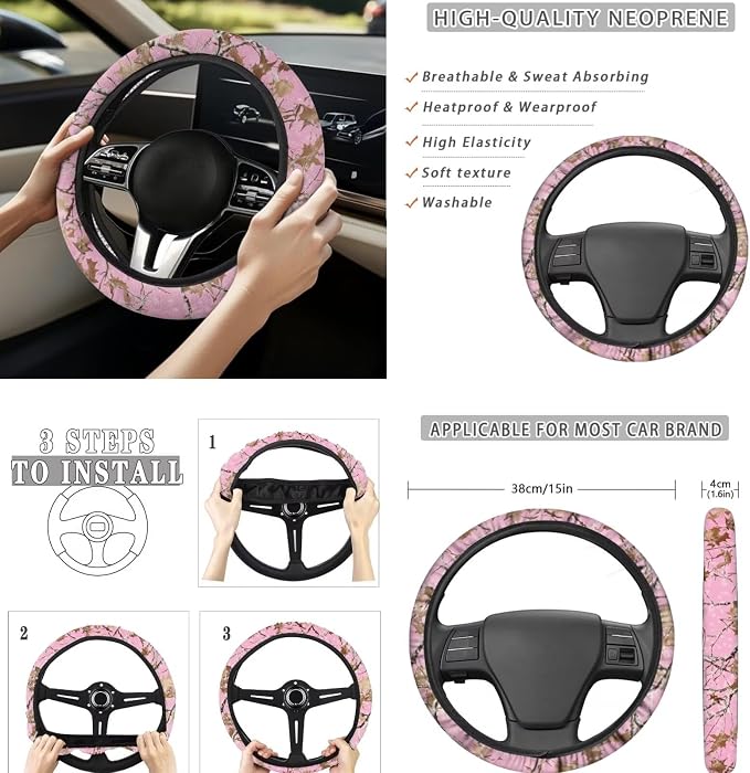 Pink Camo Maple Leaf Car Seat Covers Full Set 8 Pcs Car Accessories for Women Front Seat Cover Steering Wheel Armrest Cover Seat Belt Cover for Auto SUV Interior Decoration