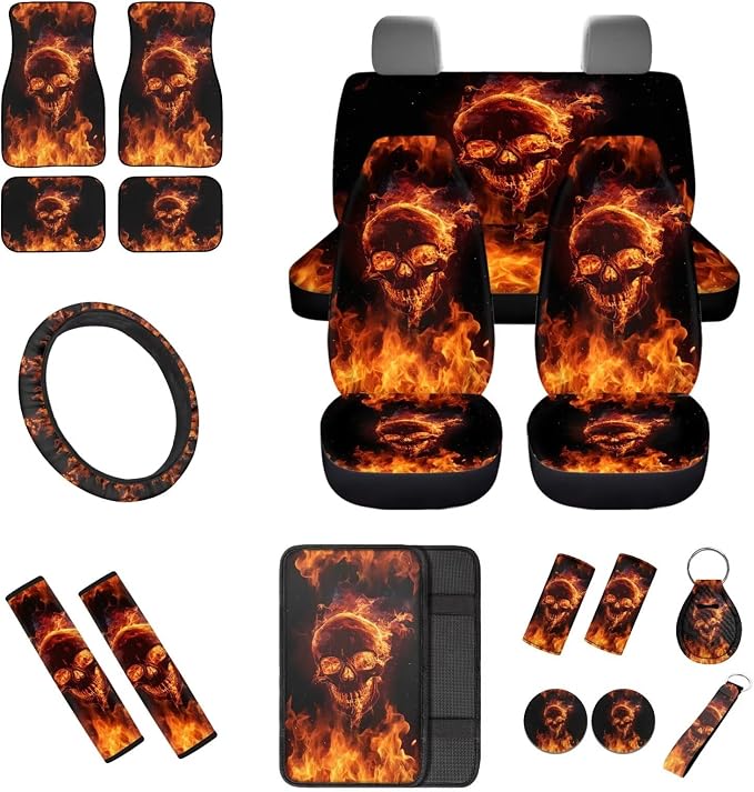 Flaming Skull Car Interior Accessories Set of 18, Car Seat Covers Full Set with Auto Steering Wheel Cover Floor Mats Seat Belt Pads Armrest Pad Handle Wraps Keychains Cup Coasters