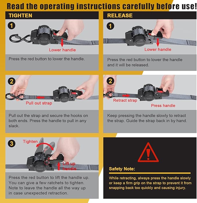 Ayaport Retractable Ratchet Straps 1in X 12ft(2PK)-1500lb Break Strength, Heavy Duty Ratchet Straps Self Retractable Tie Downs with Soft Loops for Motorcycle, Dirt Bike, Cargo, Truck Accessories