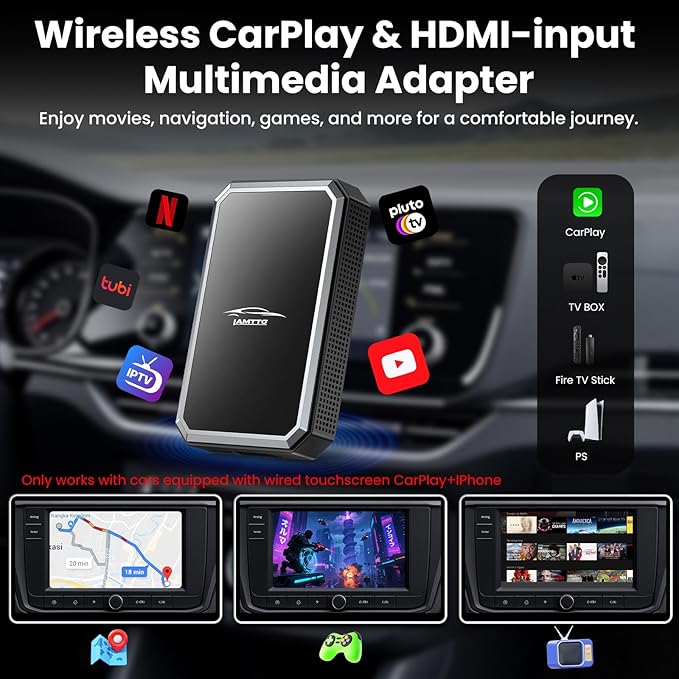 LAMTTO Car TV Mate Pro and Wireless CarPlay Adapter – Upgrade 2 in 1 Magic AI Box Convert Car Screen to TV with HDMI for Fire Stick and Switch for OEM Wired Factory 2016+