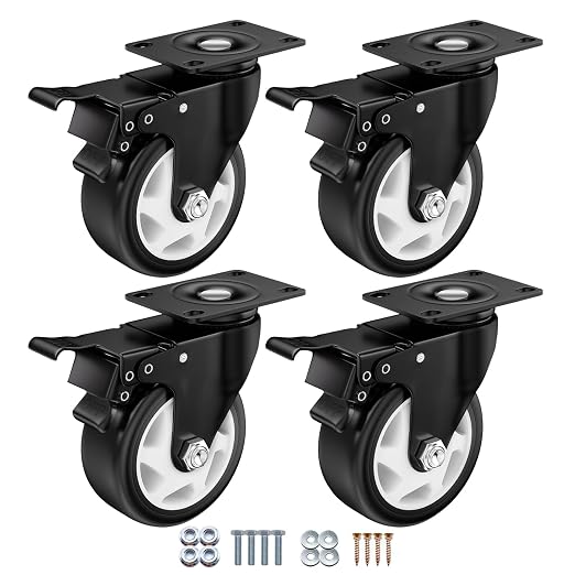 4" Heavy Duty Plate Casters, 1200 Lbs Dual Brake - Set of 4 | Black 360° Swivel Casters. Dual-Pedal Easy Lock/Unlock. Soft PU Wheels Won't Mark Floors. For Workbench, Furniture, Cart.
