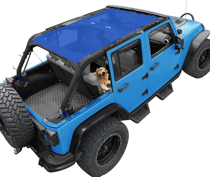 JK Sun Shade Top Compatible with Jeep Wrangler 4 Door 2007 to 2018 Sunshade Sunroof Bikini Cover Blocks UV Wind Noise Blue Mesh for Full Length