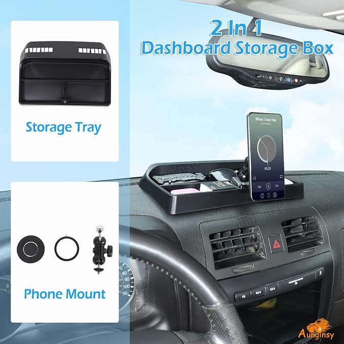 Aunginsy Center Console Dash Storage Tray with Magnetic Suction Phone Holder Compatible with Hummer H3 2005-2009, Dashboard Multi-Functional Mobile Phone Mount Storage Box Organizer Tray Accessories