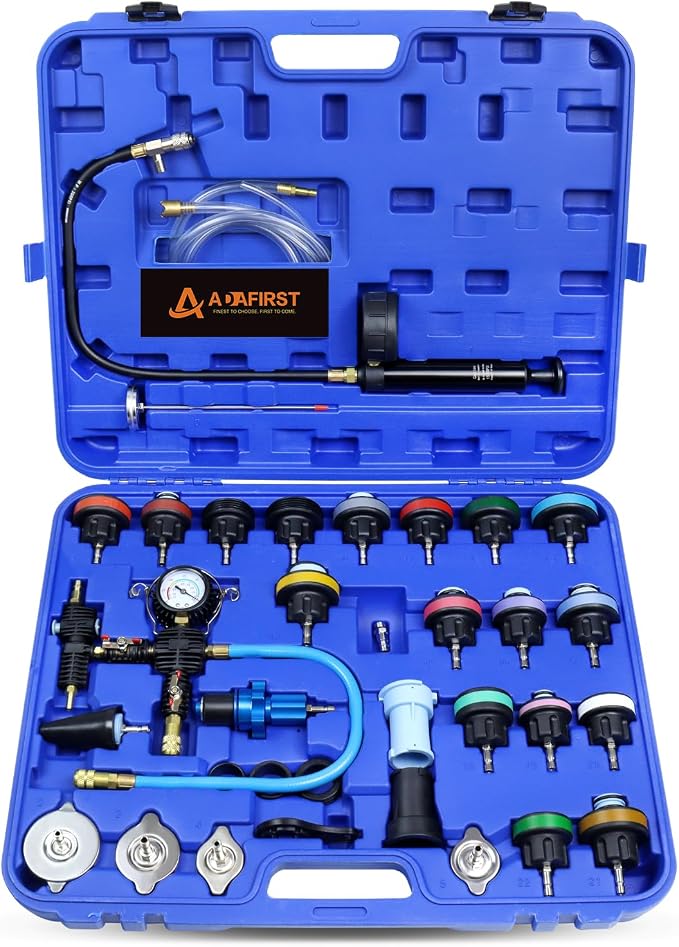 33PCS Radiator Coolant Pressure Tester and Vacuum Refill Tool Kit, Automotive Cooling System Manual Leak Test & Pneumatic Fill Filling Filler Set Universal for Car Truck Airlift, Blue