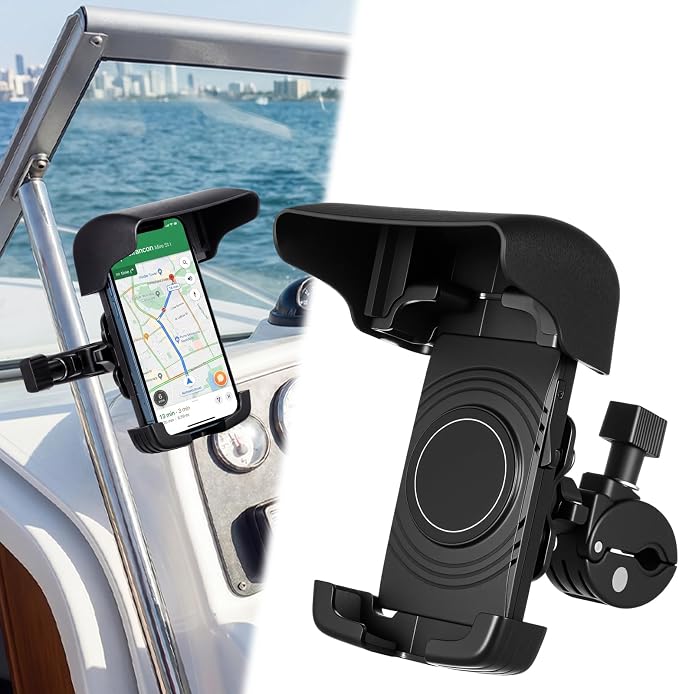 Tellegloww 1 Pack Boat Phone Holder, Marine Cell Phone Holder with Sunshade, Black 360 Degree Adjustable Knob Crab Clamp, Smartphone Accessory for Boat Rail, Car, Cycling, Pontoon and Outdoor Use