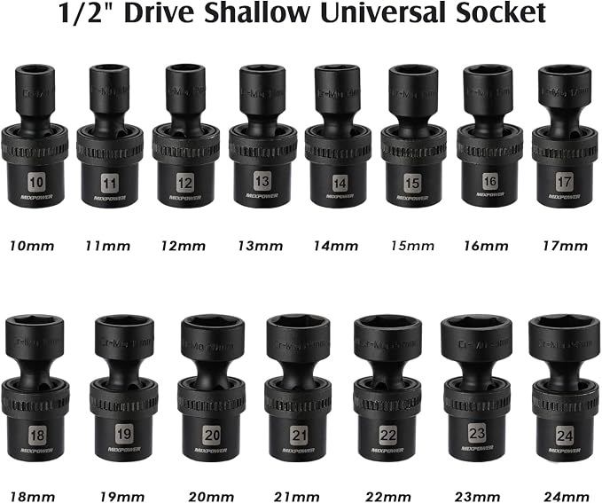 MIXPOWER 15-piece 1/2" Drive Shallow Universal Impact Socket Set, 6 Points, Metric, 10-24mm, Swivel Socket with Flexible Wobble, CR-MO, Heavy Duty Storage Case… B08JTJVV8M