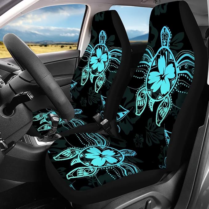 Ystardream Art Sea Turtle Car Seat Cover Full Set 11 Pcs with Steering Wheel Cover, Auto Seat Belt Covers Keychain & Cup Holder Pads, Universal Fit for SUV Sedan Truck, Protective Interior, Blcak