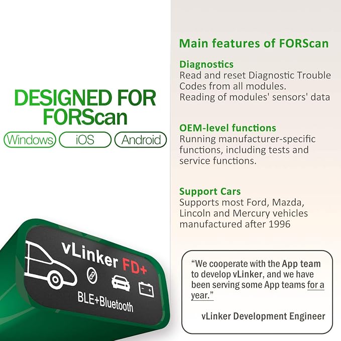 vgate vLinker FD Plus OBD2 Adapter Bluetooth BLE Scanner for FORScan, Work with iPhone, Android, and Windows