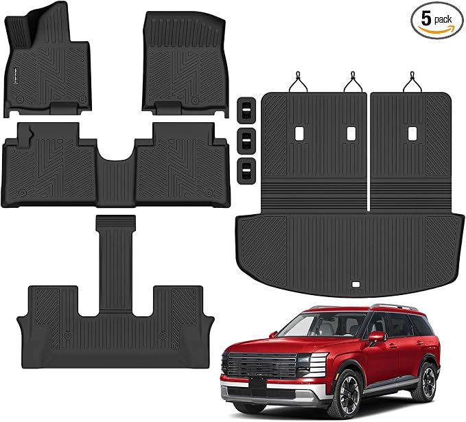 All Weather Floor Mats Trunk Mat with Backrest Mat Fit for 2026 Hyundai Palisade 7/8 Seat Hybrid, TPE Odorless Anti-Slip Floor Liners Cargo Mat Protector for 2026 Palisade Accessories