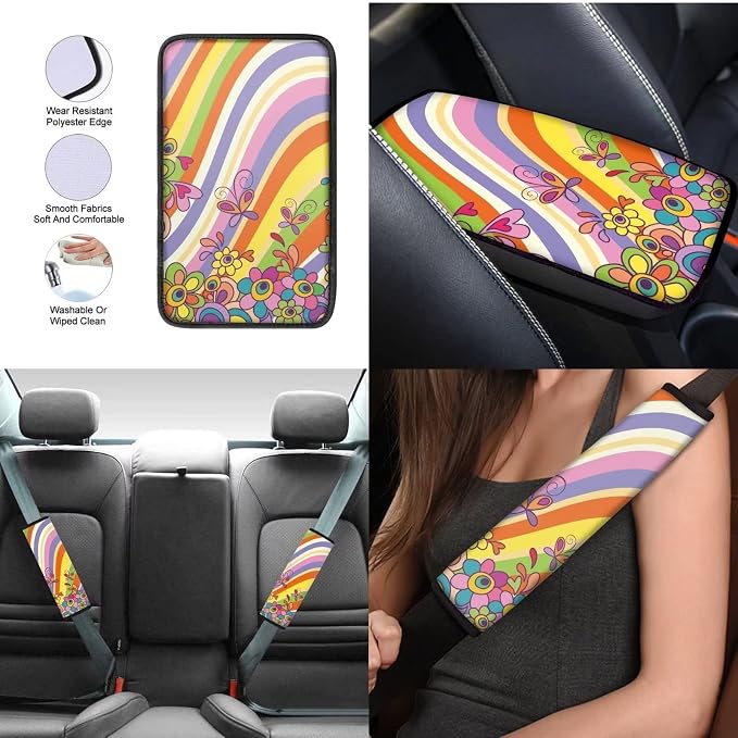 Mumeson 8 Pack Hippie Flower Butterfly Car Seat Covers Full Set with Seat Belt Pads Shoulder Cushion + Steering Wheel Cover + Armrest Cushion for Car Universal Size Car Accessories for Womens