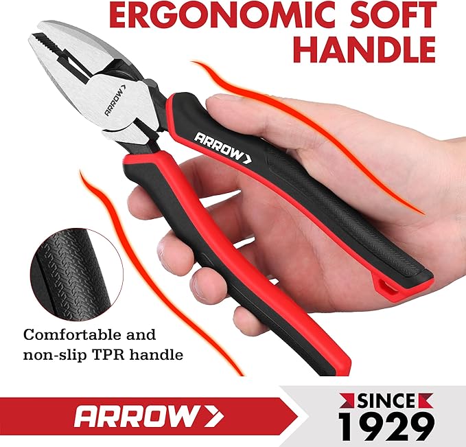 ARROW 8-Piece Pliers and Wrench Set, 12"/10"/8" Groove Joint Pliers, 8" & 6" Long Needle Nose, 8" Linesman, 6" Slip Joint, 8" Adjustable Wrench, Dual-Color TPR Handles, Roll-Up Pouch Included