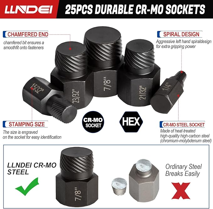 LLNDEI 19PCS 3/8-Inch Drive Extra Long Allen Hex Bit Socket Set&25 PCS Screw Extractor Set
