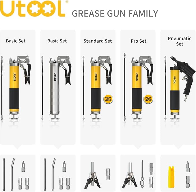 UTOOL Pneumatic Grease Gun | 6000 PSI Air Operated Grease Gun Kit, 14 oz Capacity, 18 Inch Resin Flex Hose, 1 Extension Bend Pipe, 1 Sharp Type Nozzle, 1 Basic Coupler, 1 Zerk Cleaner