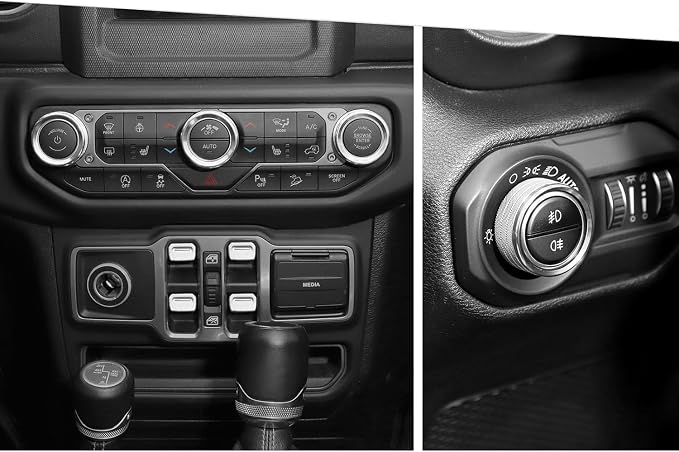JeCar 8-Piece Aluminum Switch Button Knob Cover for 2018-2025+ Jeep Wrangler JL JLU & Gladiator JT Window Switch Button Cover, Radio, Air Conditioner, Headlight Switch Knob Cover (Silver)