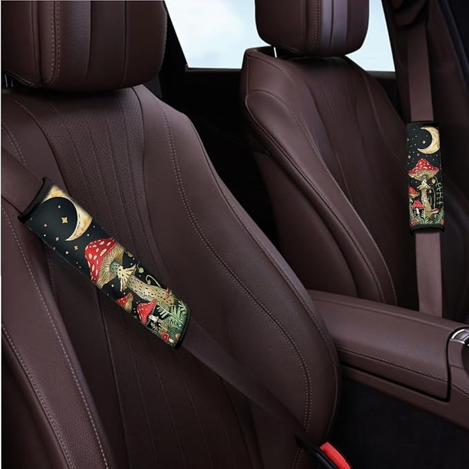 BIGCARJOB Mushroom Car Seat Covers Full Set 12 Pcs Womens Interior Accessories Mushroom Print Steering Wheel Covers,Armrest Seat Box Cover Cushion,Cup Mats,Universal Fit