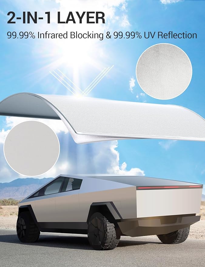 BASENOR 2026 2025 2024 Tesla Cybertruck Sunshade Roof [Nano Ice Crystal Cooling] Glass Roof Sun Shade Block UV Cover Top Window Keep Cooling Foldable Sunshades Bag for Cybertruck Accessories Gray