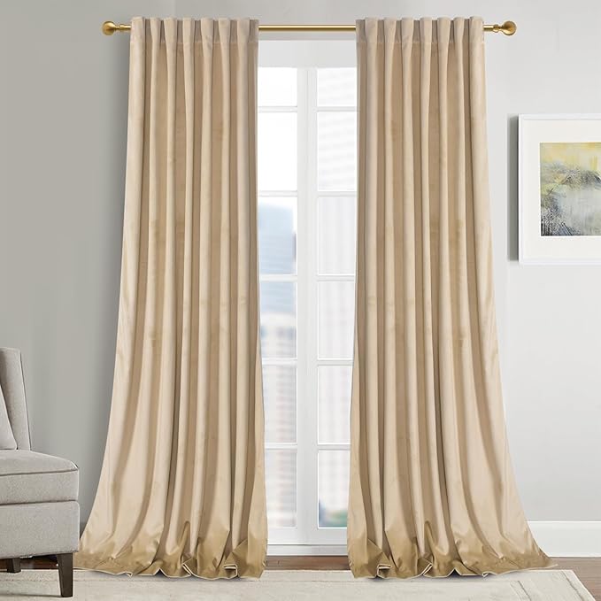 Roslynwood Luxury Soft Sand Velvet Curtains 96 inches Long Back Tab Thermal Insulated Blackout Window Drapes for Living Room/Bedroom/Dining Room, W52 x L96, 2 Panels
