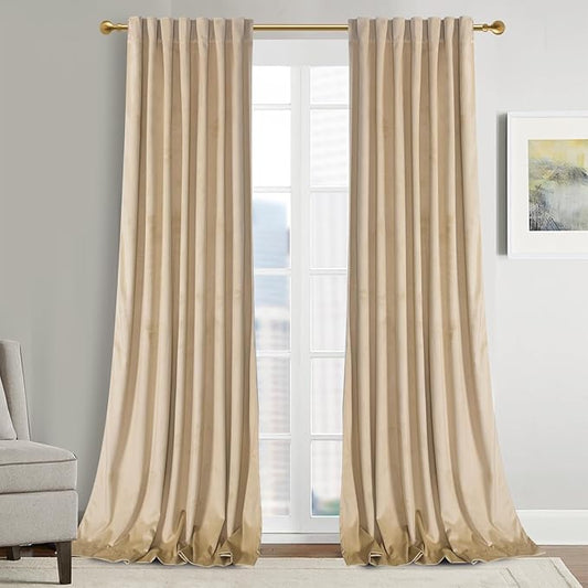Roslynwood Luxury Soft Sand Velvet Curtains 84 inches Long Back Tab Thermal Insulated Blackout Window Drapes for Living Room/Bedroom/Dining Room, W52 x L84, 2 Panels