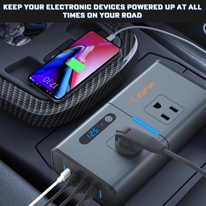 200W 7-in-1 Car Power Inverter DC 12V to 110V AC with PD 27W USB-C & QC 3.0, Dual AC Outlet Car Plug Adapter for Vehicles, LED Voltage Display, Quiet Cooling Fan for Laptop CPAP Road Trip Camping