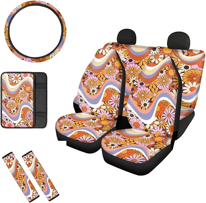 Mumeson Hippie Flower Car Seat Covers for Womens Car Steering Wheel Cover + Seat Belt Strap Pads Shoulder Pad + Armrest Cushion for Car 8 Pack Set Car Accessories Decor for Womens