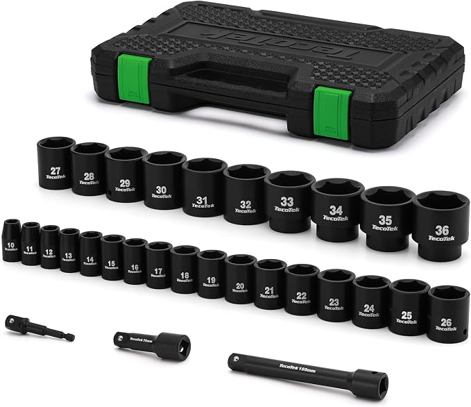 TecoTek 30 Pieces 1/2-Inch Drive Shallow Metric Impact Socket Set, Cr-Mo, 10mm to 36mm, No Skipped Sizes, 6 Point, Includes Extension Bars, Drill Socket Adapter 1/2"