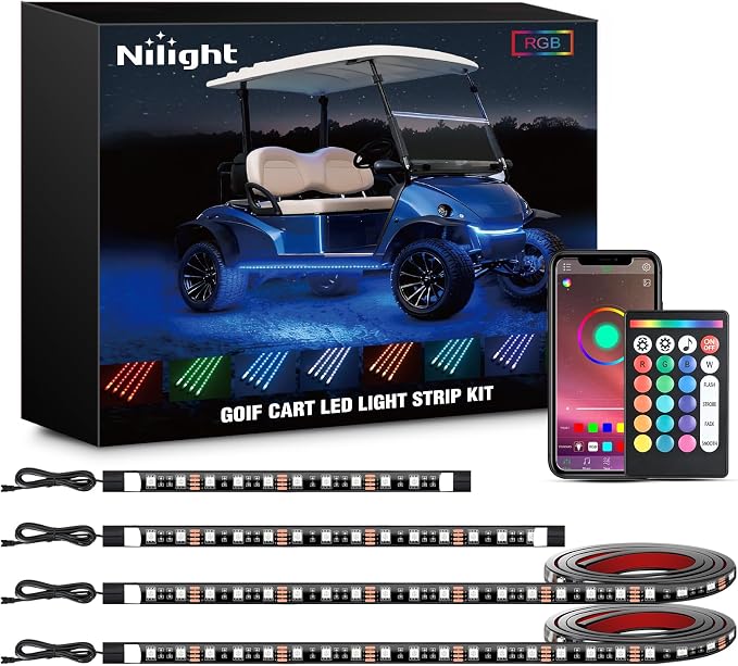 Nilight 4PCS Golf Cart Underbody Lights Kit RGB Multi-Mode LED Neon Accent Lighting Lamp APP Remote Control Sound Active Music Sync IP67 Waterproof 12V-66V for EZGO Yamaha Club Car