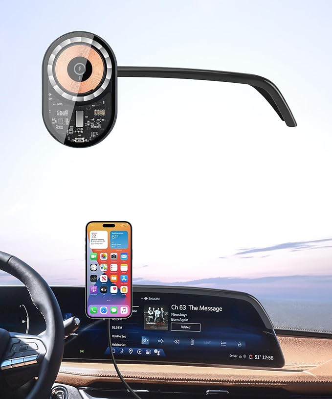 Wireless Charging Car Phone Holder for Cadillac Lyriq 2023-2025 / Optiq 2025 / XT4 2024-2025 / CT5 2025, 33" Screen Fixed Clip, 360° Rotation Car Phone Mount Compatible with MagSafe