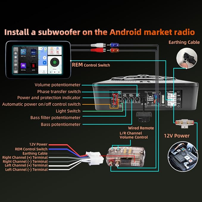 2000W Under Seat Subwoofer with Amp 10" Subwoofer and Amp Package Slim Subs | LED Ambient Light, Deep Bass, LPF/Gain/Bass Boost Controls, Compact Low Profile Design for Powerful Sound in All Vehicles