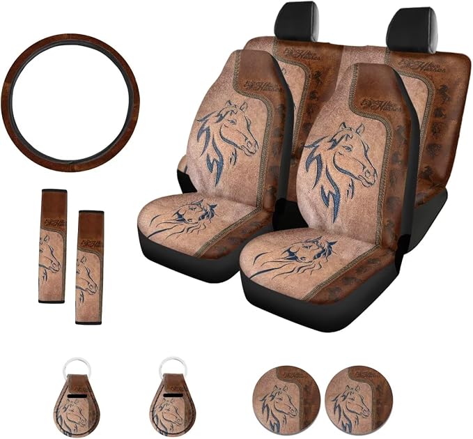Suobstales Aztec Horse Print Car Seat Covers 11 Pcs American Tribal Car Accessories Interior Set Gifts Front Rear Split Seats Protectors with Steering Wheel Cover,Seatbelt Pads,Cup Holder,Keychain