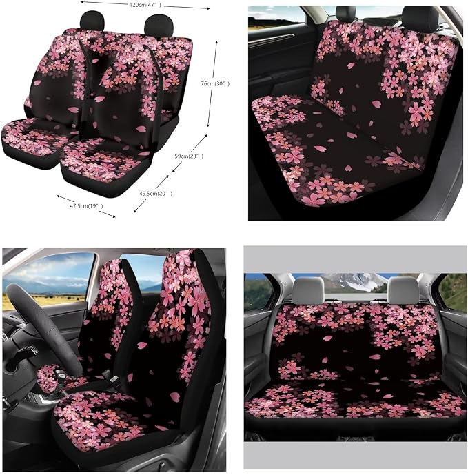 Suobstales Cherry Blossoms Car Front Back Bench Bucket Seat Protectors Full Set for Women Floral Steering Wheel Cover +Seat Belt Cover+ Flower Print Cup Holder Coaster+ Keychain