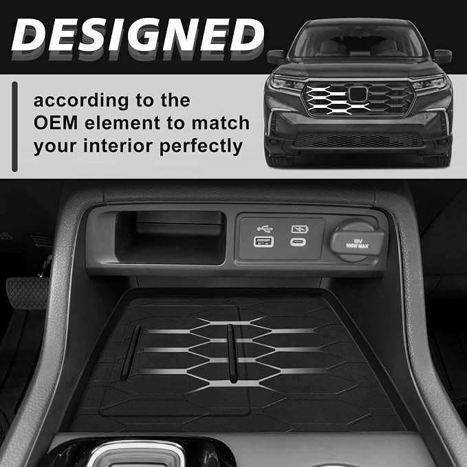 Muslogy Center Console Hidden Storage Box & Wireless Charger Protective Mat Compatible with Honda Pilot 2023-2025/2024-2026 Passport Accessories