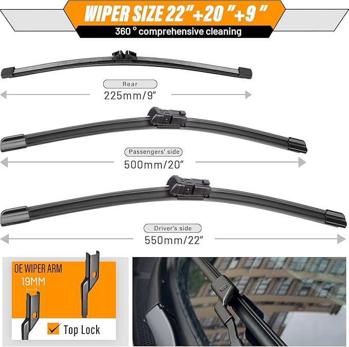 AUTOBOO 22"+20" Windshield Wipers Blades Replacement for Ford Bronco Sport 2021-2024 2025 with 9 Inch Rear Wiper Blade -Original Factory Quality (Pack of 3)