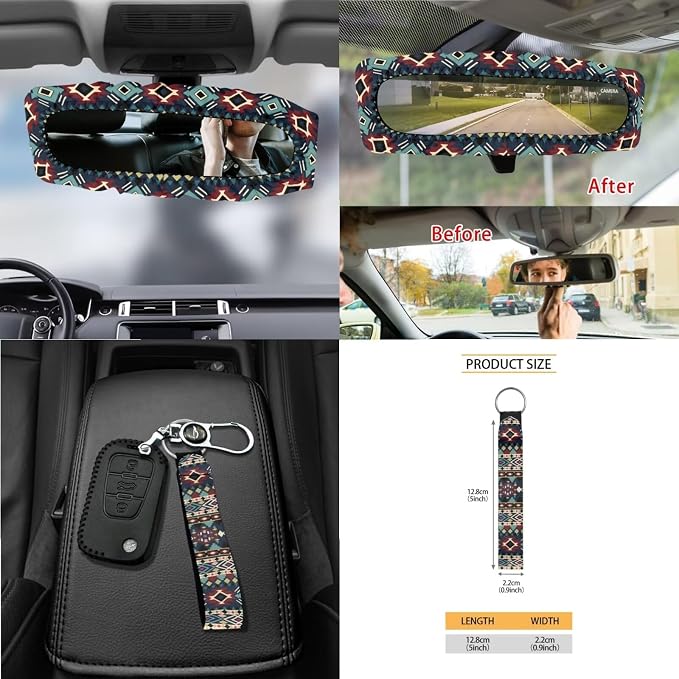 Wanyint 15 PCS Car Seat Covers Set for Women, with Steering Wheel Rear View Mirror Cover Seat Belt Pads Trash Bin Sunglass Pocket Coasters Key Chain Car Accessories, Southwest Aztec Dark Blue Red