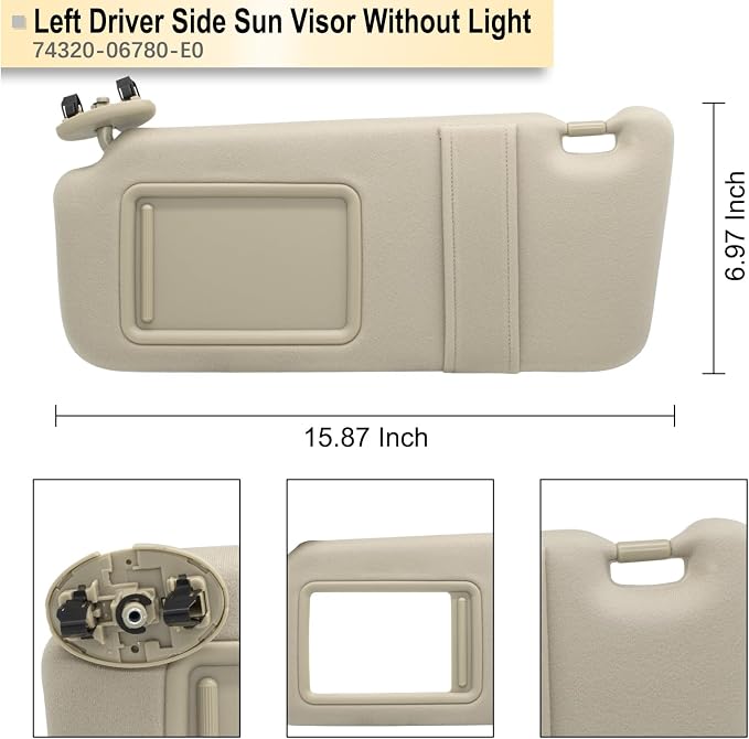 NHILES Left Driver Side Sun Visor Compatible with Toyota Camry Without Light 2007 2008 2009 2010 2011 Replaces# 74320-06780-E0 Color Beige