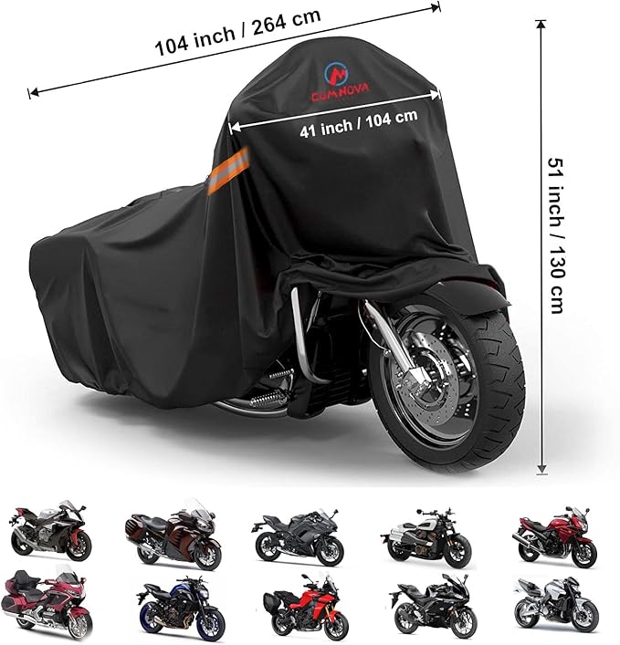 Comnova Motorcycle Cover 104 Inch, 600D Universal Motorcycles Cover Waterproof with Lock-Holes All Season, Large Motorbike Vehicle Scooter Cover for Harley Davidson, Honda, Suzuki, Kawasaki, Yamaha