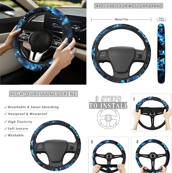 Blue Dolphin Car Seat Cover Full Set 15 PCS, with Steering Wheel Cover Seat Belt Strap Pad Trash Bag Rearview Mirror Accessories Cup Holder Keychain