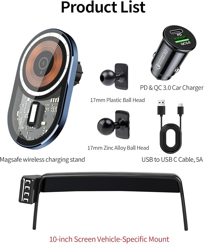 Wireless Charging Car Phone Holder for Cadillac CT5 2020-2024 / CT5-V 2023-2024, 10" Screen Fixed Clip, 360° Rotation Car Phone Mount Compatible with MagSafe