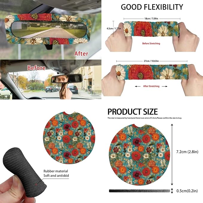 Colorful Flower 15 PCS Car Seat Cover Set with Auto Steering Wheel Cover Seat Belt Strap Protector Cup Holder Trash Bag Rear View Mirror Protector Keychain