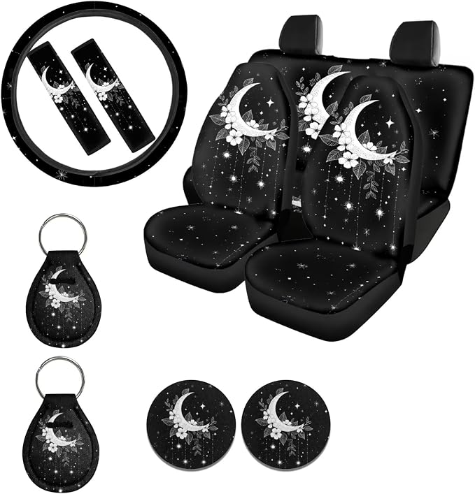 Ystardream Starry Moon Car Seat Covers Full Set for Women Rubber Steering Wheel Cover Armrest Cover Seatbelt Covers Polyester Fabric Front Seat Rear Backrest Cover Bottom Cover Universal
