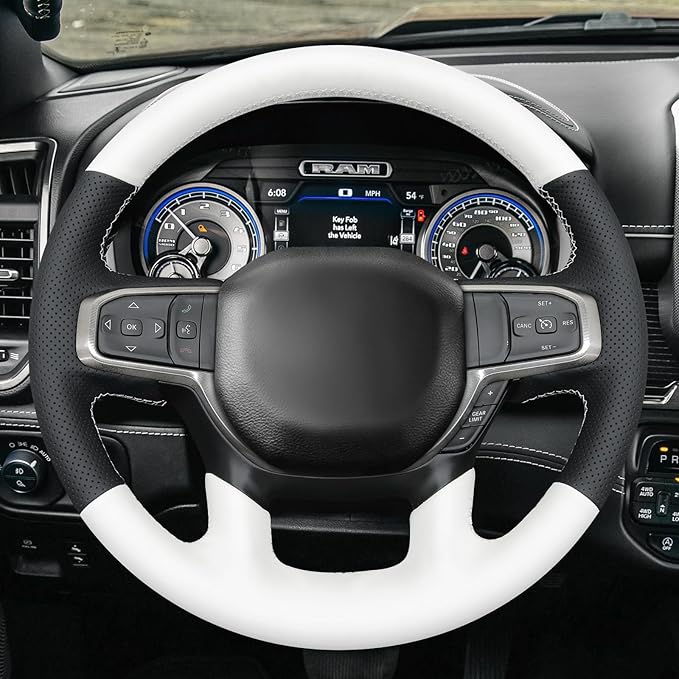 MEWANT Hand-Stitched Steering Wheel Cover Wrap for Dodge Ram 1500 2019-2023 Steering Wheel Accessories for Dodge Ram(Backsides Without Buttons)