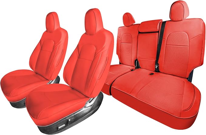 FH Group Custom Fit Car Seat Covers Specifically Made for 2020-2022 Tesla Model Y - Faux Leather, Waterproof, Airbag Compatible, Solid Red