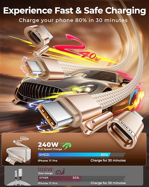 SHEZI 4 in 1 Charging Cable for Car(5FT), 240W Fast Charge USB C to USB C Cable, Works with iPhone 17 16 Pro Max/Samsung/MacBook/iPad, USB-C/USB-A to Lightning/Type-C, Multi-Device Charger Cords Combo