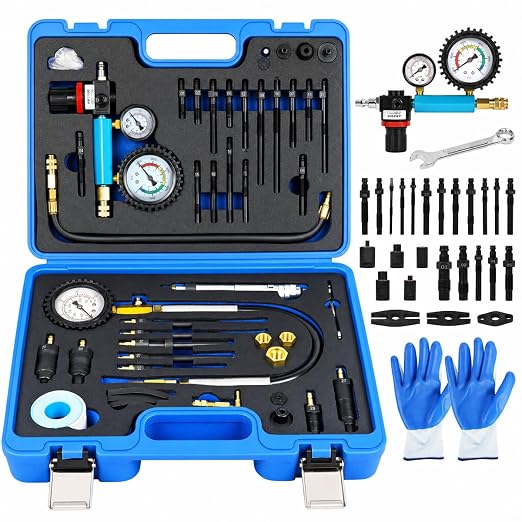 Diesel Compression Tester Kit 47pcs Petrol & Diesel Engine Compression Tester Small Engine Cylinder Leak Down Tester with Compression Gauge, Leak Detector, Gloves, for HDI/TDCi/Pumpe Duse Engine